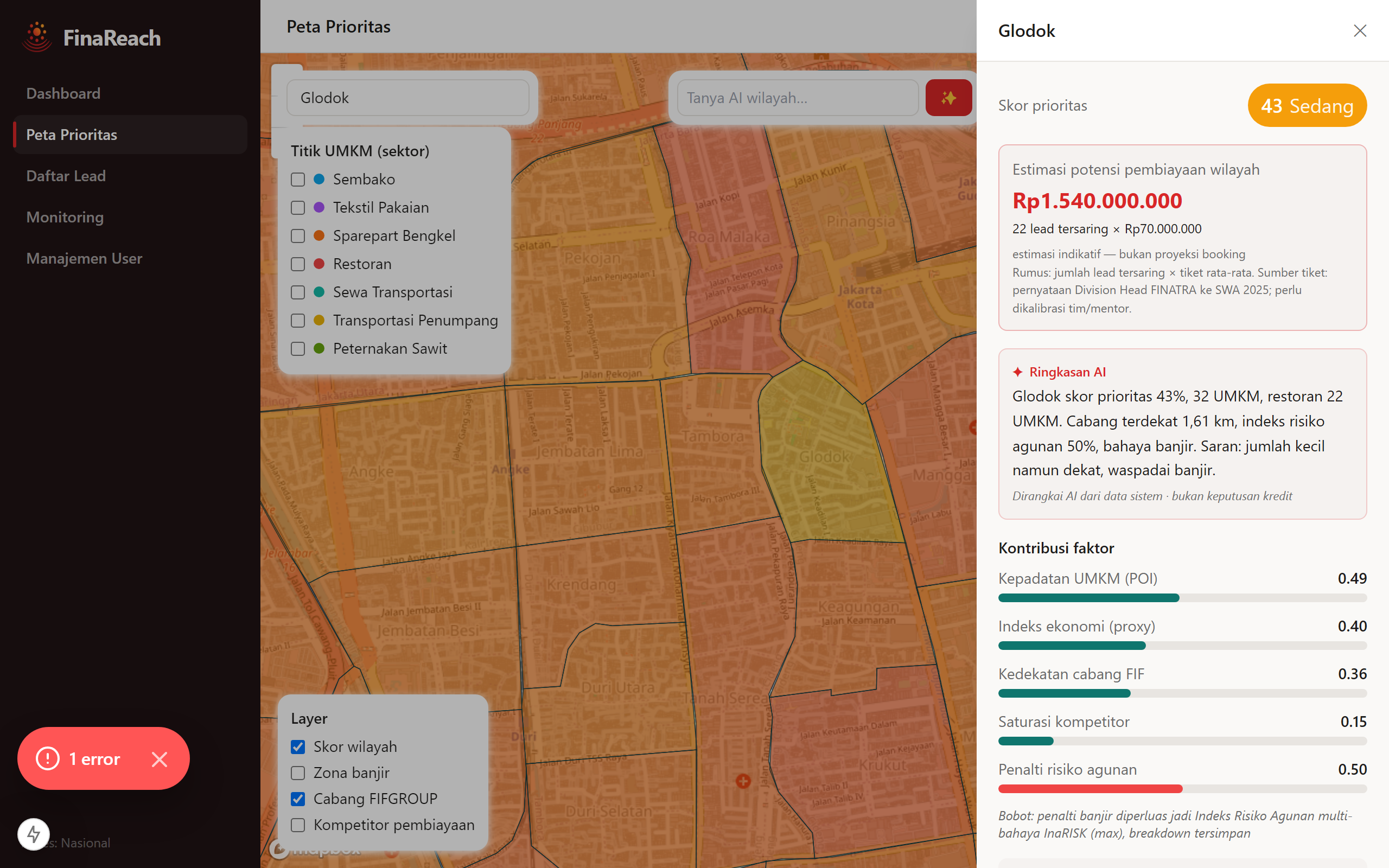 Peta prioritas FinaReach dengan skor per kelurahan