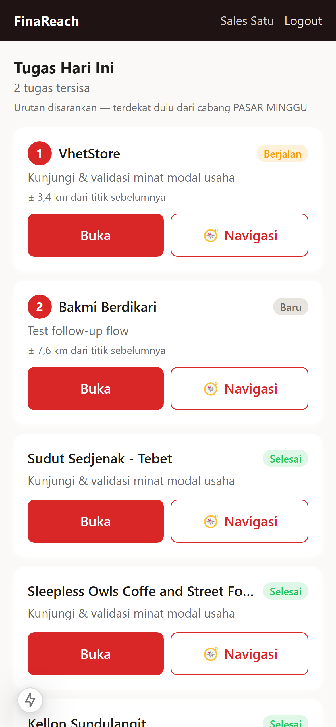 Tampilan HP survei sales FinaReach